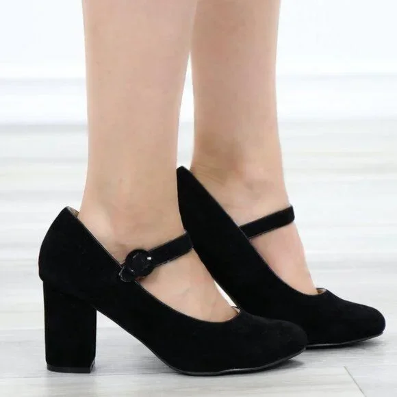 Black Mary Jane Shoes Faux Suede Buckle Strap Chunky Block Heel - Picture 13 of 13